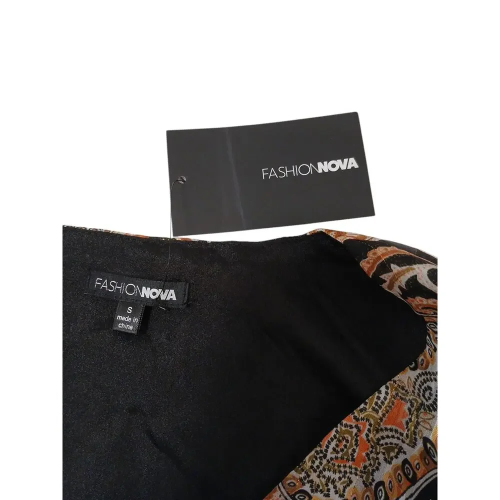 NEW Fashion Nova Blouse S Black Gold Equestrian‎ Paisely Babydoll Puff Sleeve